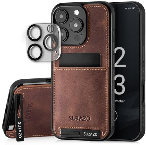 SURAZO Echtleder Back Case für Apple iPhone 16 Pro Hülle – Stoßfestes Leder Handyhülle Cover [Kameraschutz Glas, Kartenfach, Standfunktion, Schlüsselanhänger] Bumper Rückseite Schutzhülle Braun