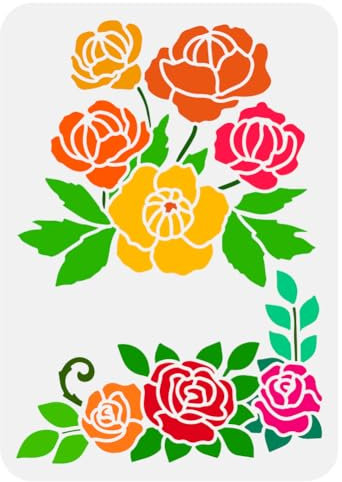 FINGERINSPIRE Flower Border Stencil for Painting 21x29.7cm Hollowed Corner Flowers Drawing Template Roses Chrysanthemums Painting Stencil Flowers Leaves Stencil Plant Theme Template for DIY