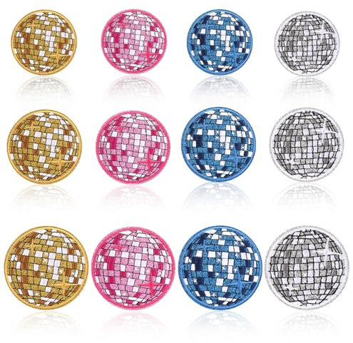 12pcs Disco Ball Iron on Patches, Bling Ball Iron on Hat Patches Applique Music Party Sew on Patches Colorful Decorative Embroidered Patches for Clothes Jeans Backpacks Hats Vests Bags