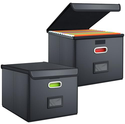 WOPPLXY 2 PCS Portable File Boxes, Leather File Organiser Box with Lids, Foldable Collapsible File Storage Boxes for Office Folder, Home