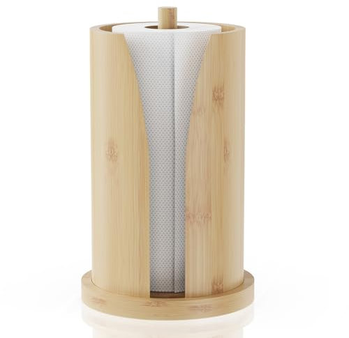Xtsuen Soporte para rollos de cocina de pie para todos los rollos de cocina estándar para encimera, portarrollos de bambú