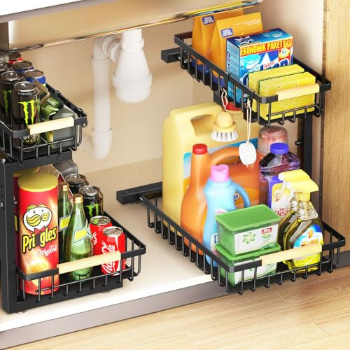 Accwork Under Sink Storage, 2 Tier Pull Out Under Sink Organiser, Undersink Storage Kitchen Cupboard Organiser with 2 Hooks for Bathroom Kitchen Storage & Organisation, 2 Pack