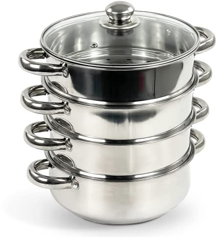 Crystals 4-Tier 24cm Stainless Steel Induction Hob Steamer, 5 Piece Vegetable Steamer With Glass Lid, Food Steam Cooking Cooker, Steamer Cookware Pot & Pan Set with Cool Handles