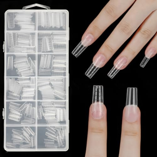 JSRQT 240Pcs French False Nail Tips with Guidelines, 12 Size Half Cover Matte Acrylic Pre-shaped Nail Art Tips, Coffin Oval Square Fake Nail Extension, Gel Nail Tips for Women Girl Nail Salon Manicure