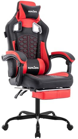 SUKIDA Ergonomischer Gaming-Stuhl mit Fußstütze, Racing Gaming Chair Kopfstütze, Gaming Stuhl Verstellbarer, Computerstuhl Höhenverstellbar Lendenwirbelstütze für Homeoffice und Gaming rot