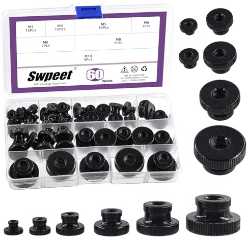 Swpeet 60Pcs 6 Sizes M3 M4 M5 M6 M8 M10 Black Zinc Carbon Steel High Head Through Hole Knurled Thumb Nuts Assortment Kit, Round Knurled Thumb Nuts Lock Adjusting Nuts for 3D Printer Parts