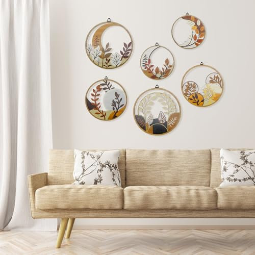 WATUNID 6 Stück Holz Boho Wanddeko Wohnzimmer, Runde Minimalistisch Wand Deko, Modern Böhmisch Wanddeko Schlafzimmer, Vintage Wandskulpturen, Rustikal Dekoration für Haus Esszimmer Küche Korridor