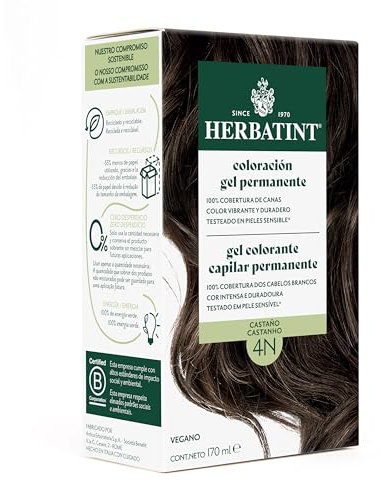 Herbatint Coloración Gel Permanente para Cabello 4N Castaño - 170 ml | Sin Amoniaco, 100% Cobertura de Canas | para Pieles Sensibles, con 8 Extractos Naturales Bio