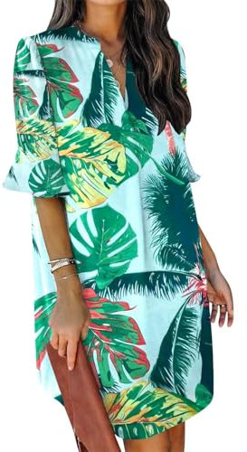 JOCAFIYE Frauen Kurzarm Kleider V-Ausschnitt Casual Flowy Swing Party Club Mini Kleid Green Leaf L