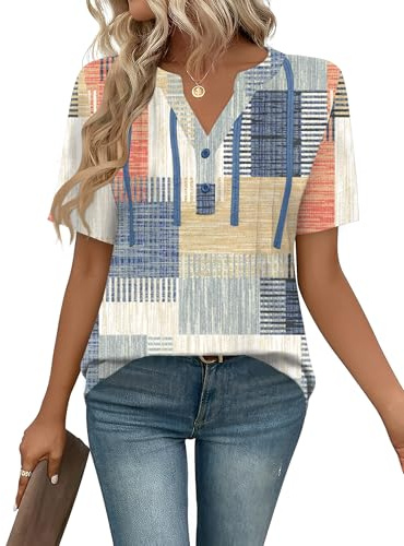 IECCP Women Tops Short Sleeve Button Dressy Tunic Summer V Neck Blouses | Casual Pleated Fashion T-Shirts Clothes