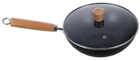 Mobestech Small Iron Wok Pan Lid Deep Non-Stick Frying Skillet for Induction and Gas Stoves Comfortable Wooden Handle Versatile Cooking for Your Kitchen