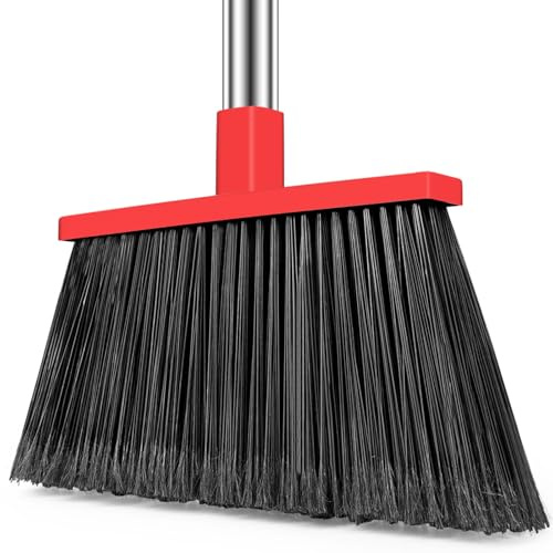 PBHEPJ Heavy Duty Broom Outdoor, 58 Long Stainless Steel Handle, Hard Bristle Angle Broom for Floors，Commercial & Industrial Broom for Sweeping Indoor, Garage, Kitchen (Red)
