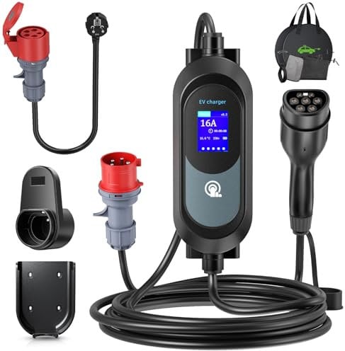 EVJUICION Mobile Wallbox 11kw [3-phasig 6A-16A IP67] 6M Typ 2 Ladekabel 11kw CEE 16A auf Typ 2, EV Ladegerät mit 2,4'' LCD-Bildschirm und Kabelhalter, Mobile Ladestation Zeitgesteuerte Aufladung 0-12H