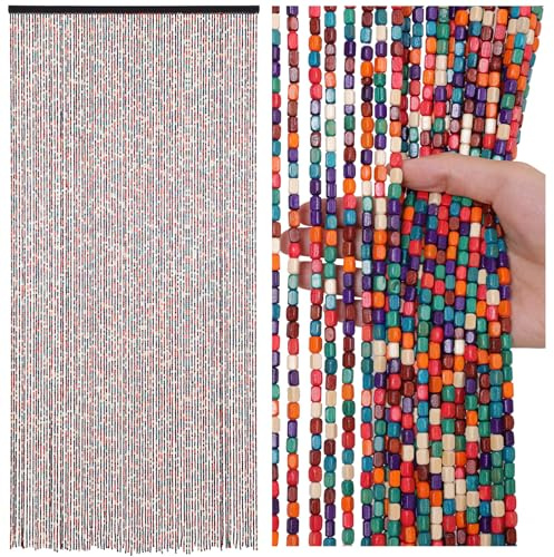ANMINY 90 Strands Bamboo Wood Beaded Curtain for Doorways 35.4 x 78.7 Rainbow Colorful Handmade Natural Wooden Boho Hippie Door Window Hanging Beads