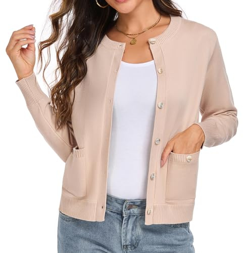 HOTIAN Strickjacken für Damen Elegant Langarm Rundhals Cardigan Knopfleiste Strickpullover mit Taschen Herbst Outfit Damen