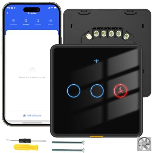 Acmerota Black WiFi Smart Light Switch 2Gang + Bathroom Extractor Fan Swich Light Switches 2 Gang 1 Way, WiFi Touch Wireless Switches, No Netural Require, Compatible with Echo & Google Home