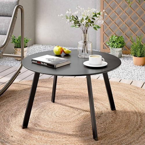 KamerOut Runder Couchtisch für Terrasse, 70 cm, wetterbeständig, Metall, Terrassen-Beistelltisch mit quadratischem Fuß für Außendeck, Veranda, Garten, Schwarz
