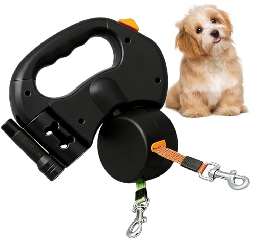 BAIFULAI Einziehbare Hundeleine für 2 Hunde, 3m Doppelleine für 2 Hunde mit Licht, Anti Rutsch Griff, ausziehbar, Rollleine Leine für Kleine Und Mittelgroße Hund (Schwarz)