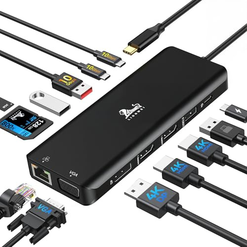 Estación de Acoplamiento USB C Docking Station 3 Monitores 13 en 1 Hub | USB-C Dock 4 Monitore con 2x HDMI 4K, DP 8K, VGA, 3x USB 3.1 10Gbps, 100W PD, Ethernet, SD/microSD para Dell, HP, Negro