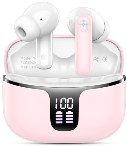 Écouteurs Bluetooth sans Fil, 2026 Casque Bluetooth Micro Anti-Bruit, Ecouteur sans Fil Stéréo Hi-FI, 40H Oreillette Bluetooth Contrôle Tactile, Bluetooth 5.3, Étanche IP7 Sport pour iOS/Android Rose
