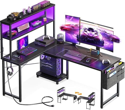 Garvee L-Förmiger Eckschreibtisch Schwarz mit LED & Aufsatz, Gaming Tisch mit Monitorständer & Seitentasche, Moderner Computertisch für Home Office, Stabiler Schreibtisch mit Regal, 124x92cm