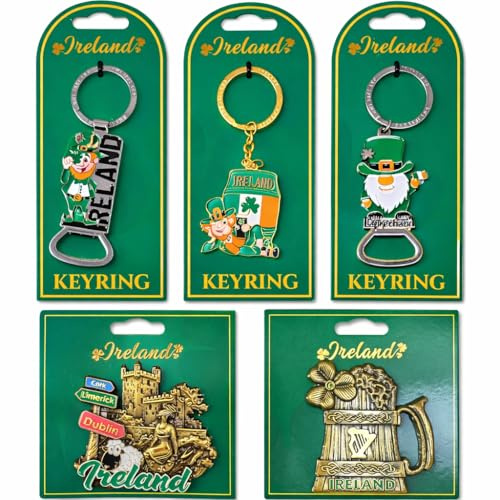 Ireland Souvenir Set 5-Pack – Metal Keyring Bottle Openers with Leprechauns + Fridge Magnets Featuring Irish Landmarks, Shamrock, Beer Mug, Dublin Cork Limerick Holiday Tokens (3)