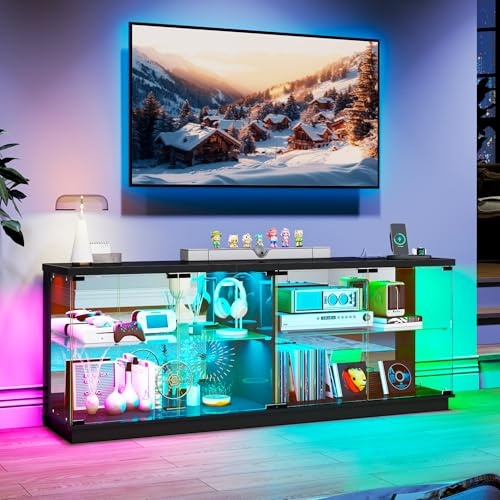 59 W Large Display Case with Glass Door & Motion Sensor Light,Black | Glass Display Cabinet with RGB Lights for Collectibles,Lighted Cuiro Cabinet with Charging Station