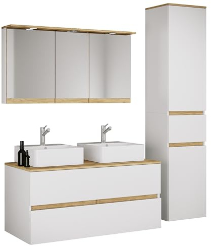 VCM 5-TLG. Doppelwaschtisch Cosila mit 2 Keramikbecken – Badschrank H. 51 x B. 111 x T. 51 cm mit 2 Softclose-Schubladen, Spiegelschrank mit Beleuchtung & Steckdose und Hochschrank Cosila-A