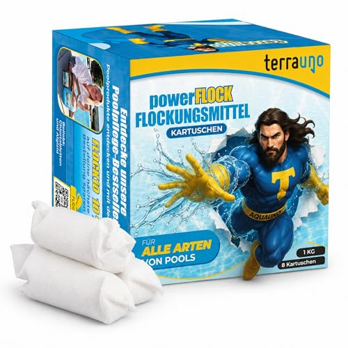 TerraUno Flockungsmittel Pool Kartuschen, 8 x 125g Flockkartusche für Sandfilter, Flockmittel Pool für kristallklares Wasser, Flockungskartuschen für Pools, Aufstellpools und Whirlpools (8 Stück)