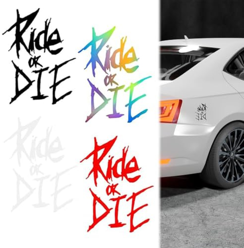 AJNZAU 4 Adesivi Ride Or Die, Disponibili In Nero, Bianco, Rosso E Laser, Resistenti All'Acqua, Adattabili A Carrozzerie, Caschi E Biciclette, Personalizzabili