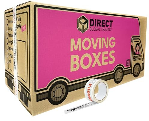 10 Strong Extra Long Large Cardboard Storage Packing Moving House Boxes Double Walled with Room List Quality 66 Metre Roll of Fragile Tape 76cm x 36.5cm x 38cm