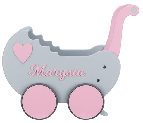 Puppenwagen ab 1 Jahr - Individuell mit Namen - Handgefertigter Puppenwagen - Holzpuppenwagen - Sicher Abgerundete Kanten - Ausdrucksstarke und Schöne Farben (Grau-rosa)