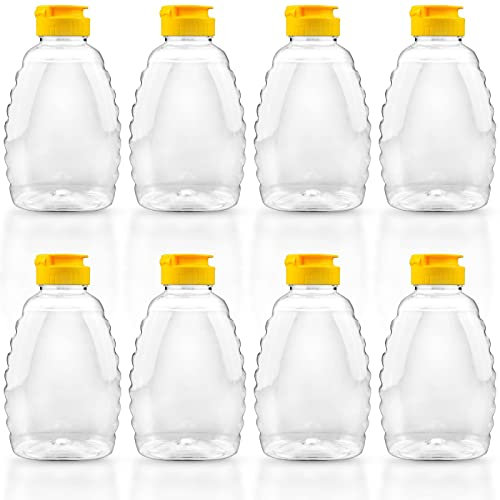 FIREBOOMOON Lot de 8 pots à miel vides en plastique transparent de 473,6 g avec couvercle à rabat pour le stockage et la distribution
