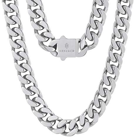 KRKC&CO 14mm Panzerkette, Weißgold plattiert Cuban Link Chain, Edelstahl Panzerkette Herren Silber Kubanische Gliederkette, Herren Silberketten Hip Hop Kette für Männer Jungen Größe 46cm