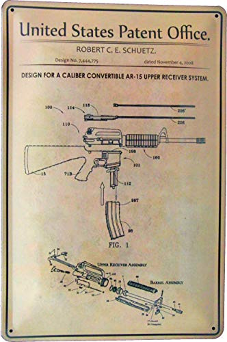 Tin Sign Blechschild 20x30 AR 15 Convertible Reciever im US Patent Design M16 M4 XM177 Sturm Gewehr Waffe 22 Explosions Zeichnung