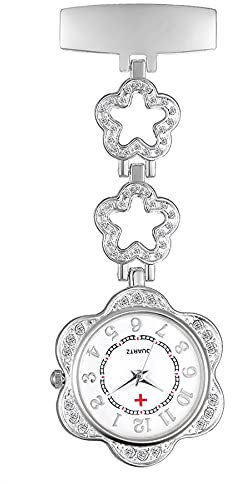Avaner Krankenschwesteruhr Pflegeruhr Herz Blumen Design FOB Analog Quarzwerk Pulsuhr Ansteckuhr Unisex Silver Schwesternuhren mit Pin/Clip Set Ausziehbar Arzt Doktor Medical Taschenuhr