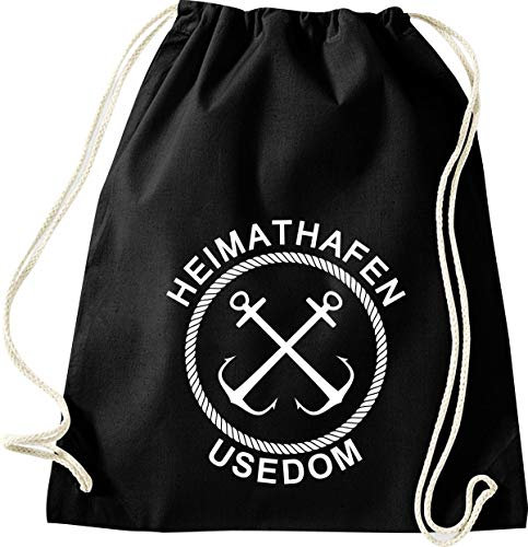Shirtinstyle Turnbeutel, Heimathafen Usedom Sprüche Spruch, Urlaub See Hafen Strand Familie, Farbe Schwarz