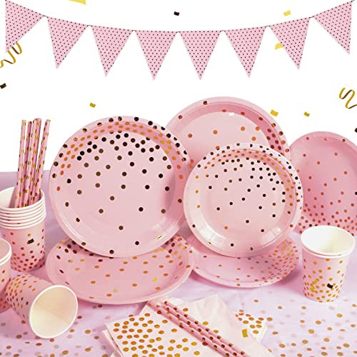 Yidaxing Vaisselle de FêTe Rose et Or, Vaisselle Papier Set Assiette Rose et Or, 122 Pcs Assiette Carton Rose Serviettes Anniversaire, Baby Shower, Fille Douche Nuptiale, Vaisselle Rose, 24 Invités