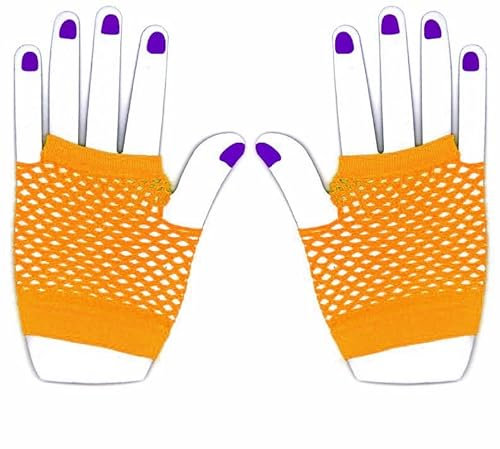 The Glowhouse 80er Jahre Neon Fischnetz Handschuhe Kurz und Lang Lebendige Farben, Kurzes Orange, Einheitsgröße