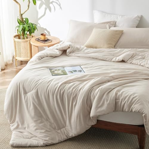 Bedsure Queen Comforter Set - Beige Soft Bedding for All Seasons, Cationic Dyed Bed Set, 3 Pieces, 1 Queen Size Comforter (90x90) and 2 Pillow Shams (20x26+2)