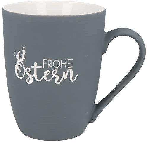 Spruchreif | Soft-Touch Tasse Grau Frohe Ostern mit Hasenohren-Motiv – Beidseitig gravierte Ostertasse | Süßes Geschenk zu Ostern für Familie, Freunde & Kollegen