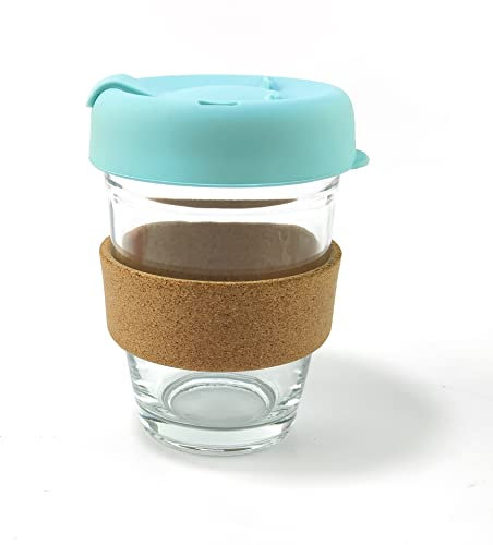 Hosoncovy 350ML Reusable Glass Coffee Cup with Cork Sleeve Heat Resistant Cork Band Travel Coffee Mug with Lid 12 OZ Coffee Cup (Blue)