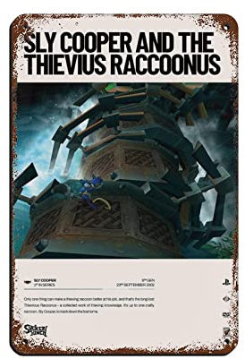 Sly Cooper und der Thievius Raccoonus (2002) Videospiel-Poster, Retro-Poster, Metall-Blechschild, schicke Kunst, Retro, Eisenmalerei, Bar, Menschen, Höhle, Café, Familie, Garage, Poster,