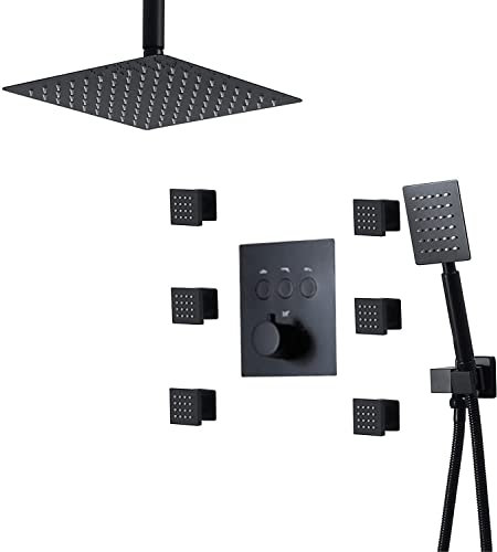 DERBUT 3-Funktions-Thermostat-Duschsystem, quadratisches Decken-Duscharmatur-Set mit 2-Funktions-Handbrause, Massagedüsen und 1,5 m Brauseschlauch, Schwarz