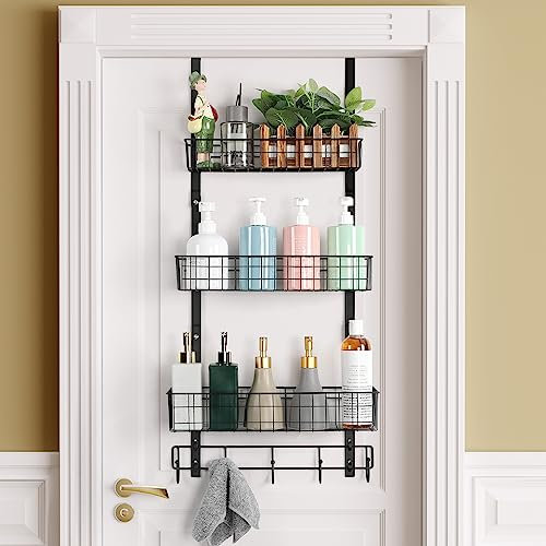 Over the Door Pantry Organizer 3 Tier Hanging Basket Back Storage Rack Shelf Metal Over Door Shelves with 3 Baskets and 5 Hooks for Bathroom Kitchen Pantry Bedroom, Black