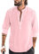 YAOBAOLE Chemise Lin Homme Manches Longues Chemise Lin Col Mao Homme Henley Chemises Hommes Slim Fit Couleur Rose M