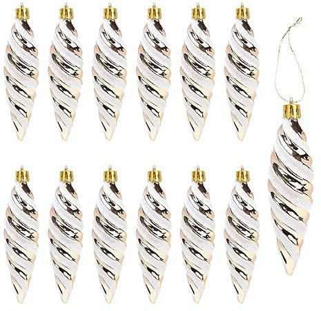 DAHI 12 Pezzi Palline di Natale Champagne Glitter, Cono, da Appendere, per Decorazioni Albero di Natale (champagne-B)