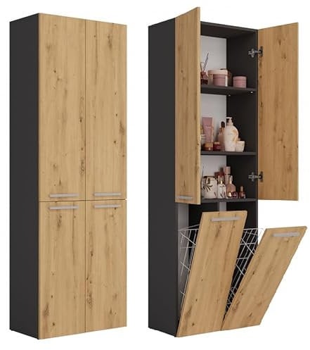 CDF Bad-Hochschrank NEL 2K DD | Farbe: Eiche Artisan/Anthrazit | Modernes Badregal | Stauraumschrank | Geräumige Einlegeböden | Türen | Einfache Montage | 2 Wäschekörbe | Stilvolle Griffe