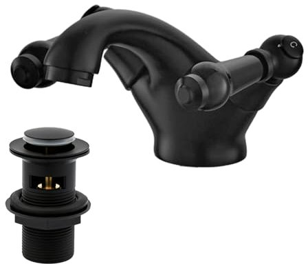 Matte Black Victorian Bathroom Sink Tap with Drain, HEXMIXER Brass Bathroom Tap with Pop Up Waste, Ceramic Lever Basin Mixer Tap 032ANBK