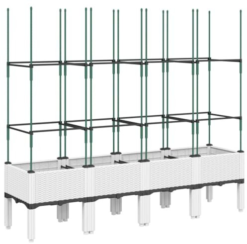 vidaXL Pflanzkübel mit Rankgitter, Blumenkübel mit Rattan-Optik, Blumenkasten für Terrasse Garten, Gartenspalier Pflanzkasten, Weiß PP